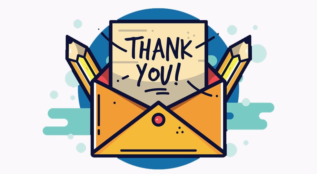 colorful illustration of envelope and pencil that reads thank you