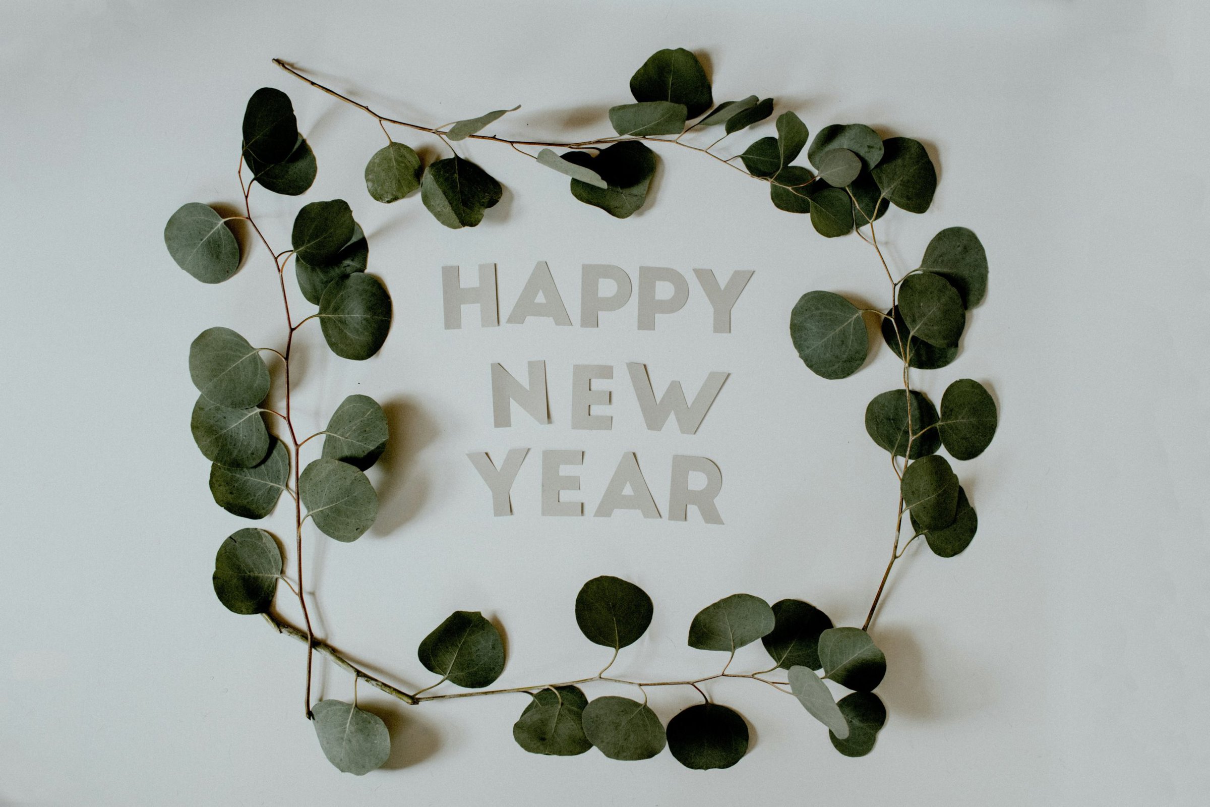 foliage surrounding letters that say "Happy New Year"