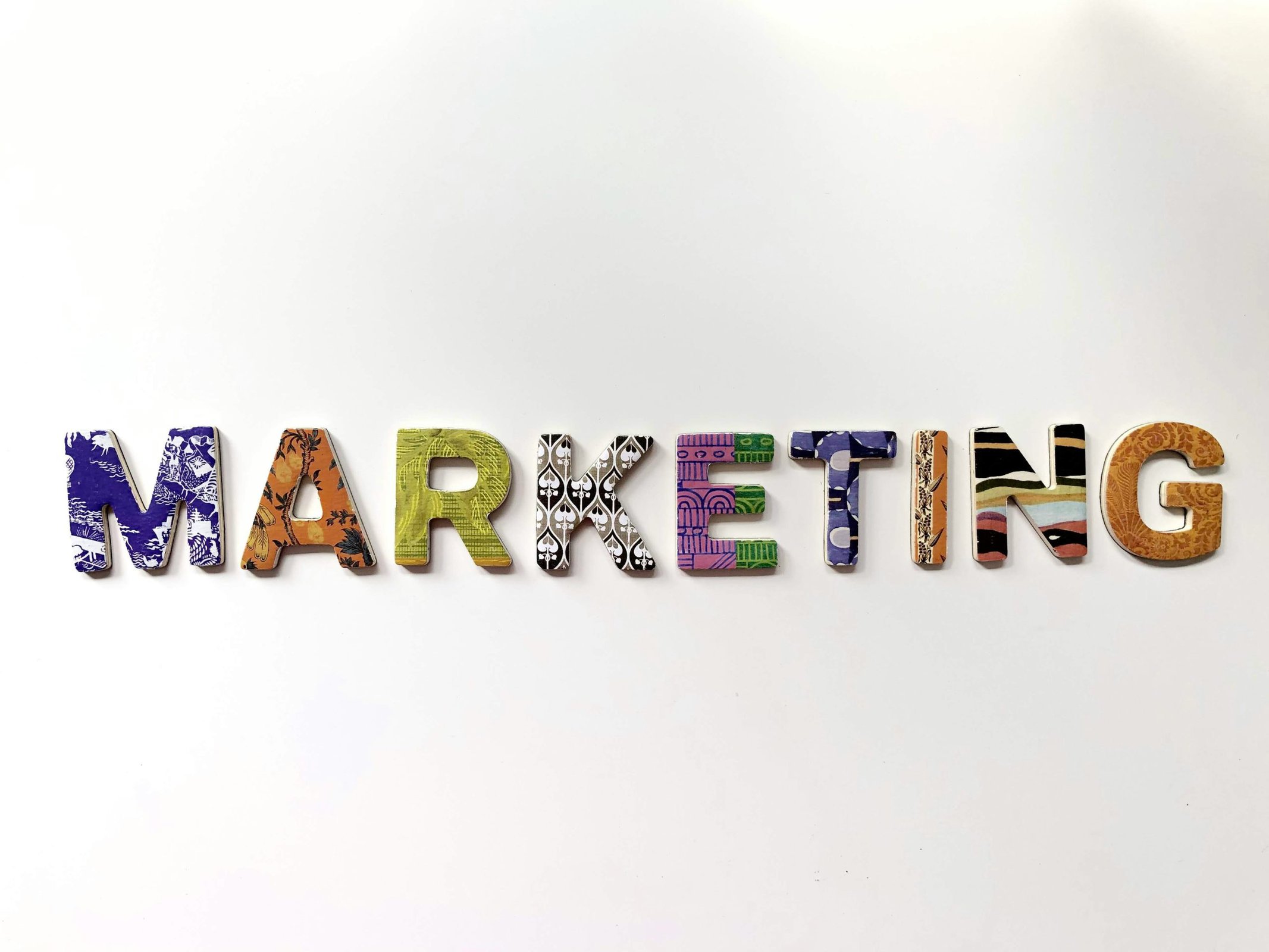 patterned letters that spell "marketing"