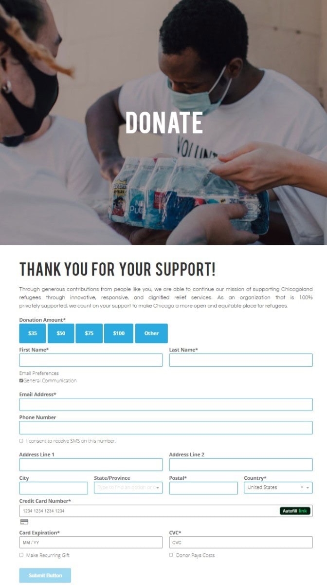 Chicago Refugee Coalition donation page screenshot